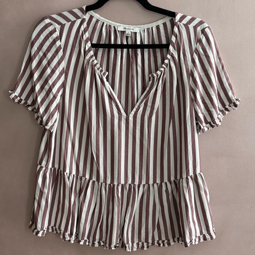MADEWELL Boxy Split Neck Ruffle Edge Peplum Top
